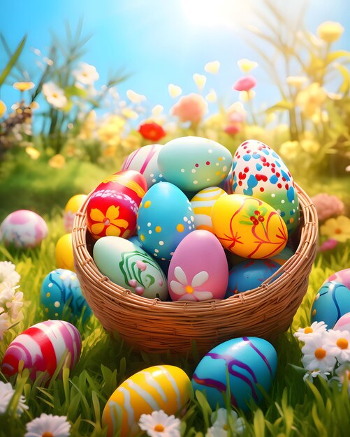 Color easter eggs and fairy nature background Celebration design