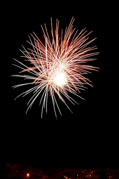 Color fireworks burst in the night sky.