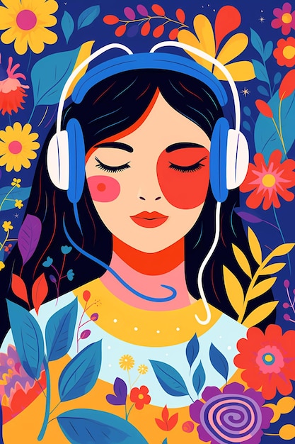 color flat illustration of a girl wearing headphones listening to music generative ai