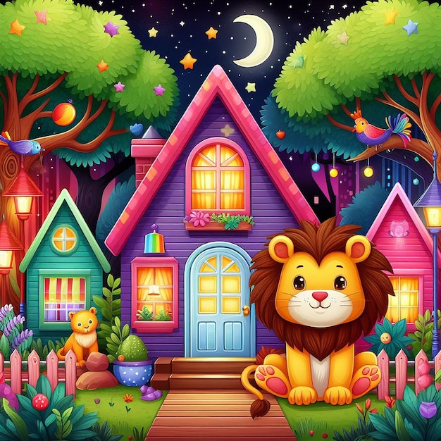 Фото Полный цвет лев читает книгу перед цветным полным домом