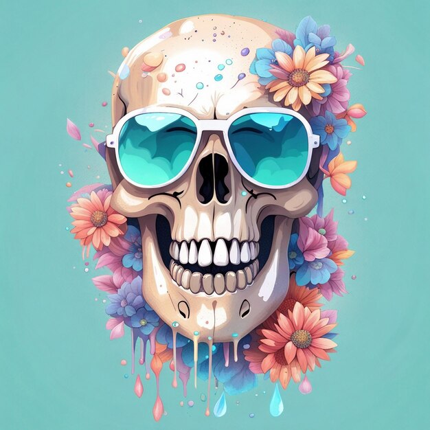 A color full skull trendy sunglass with flowers t shirt design