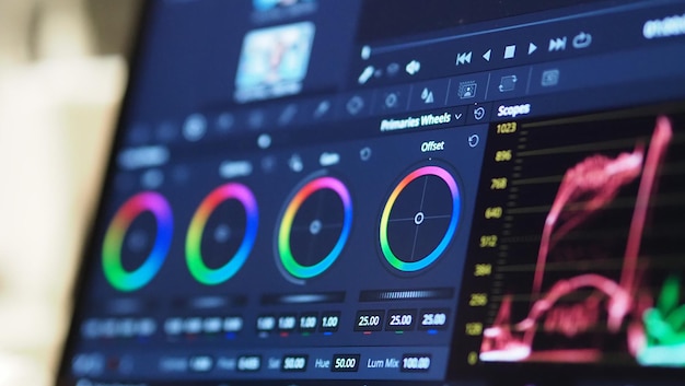 color grading graph or rgb colour correction indicator on monitor in post production process. telecine stage in video or film production processing. for colorist edit or adjust color on digital movie.