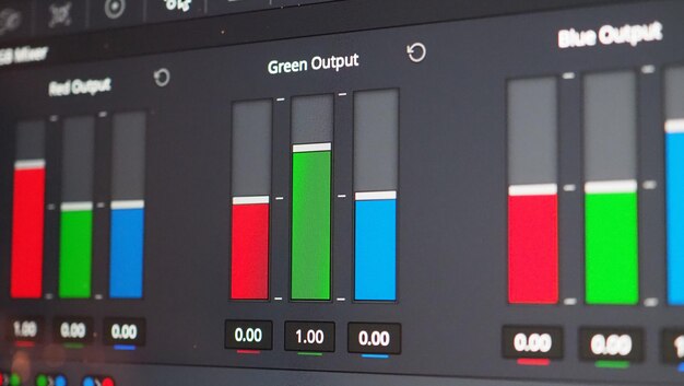 Photo color grading graph or rgb colour correction indicator on monitor in post production process. telecine stage in video or film production processing. for colorist edit or adjust color on digital movie.