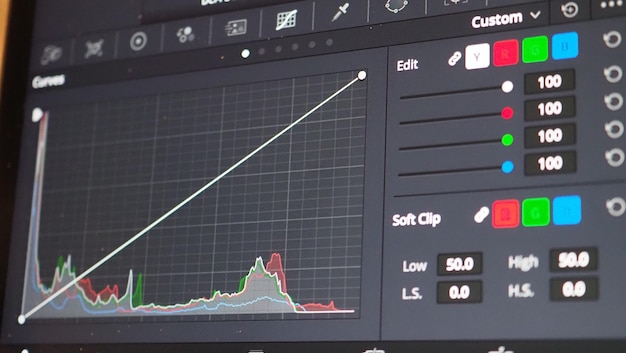 Color grading graph or RGB colour correction indicator on monitor in post production process. Telecine stage in video or film production processing. for colorist edit or adjust color on digital movie.