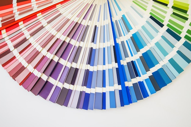색상 가이드 닫기 디자인을 위한 색상 구색 흰색 콘크리트 벽 배경에 있는 색상 팔레트 팬 그래픽 디자이너는 색상 팔레트 가이드에서 색상을 선택합니다. 색상 견본 카탈로그