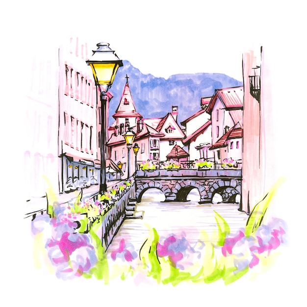 Disegno a mano a colori, vista sulla città del palais de l'isle e sul fiume thiou nella città vecchia di annecy, venezia delle alpi, francia. marcatori realizzati in foto