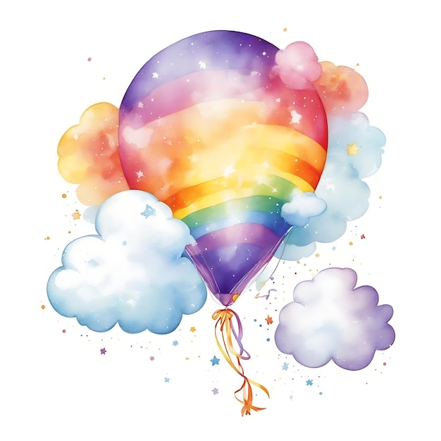 Color Heaven Watercolor Hot Air Balloon Above the Clouds