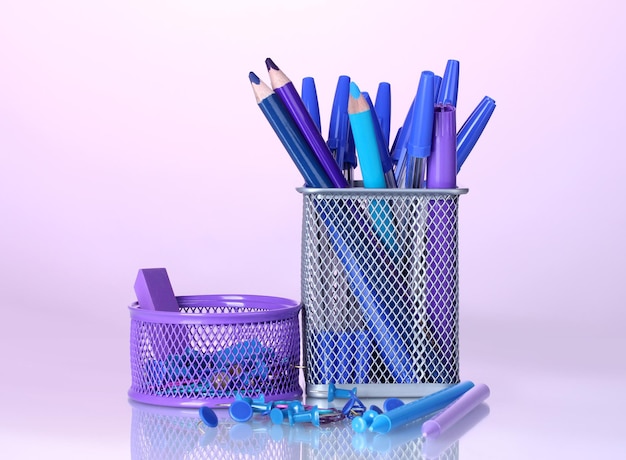 Color holders for office supplies with them on bright colorful background