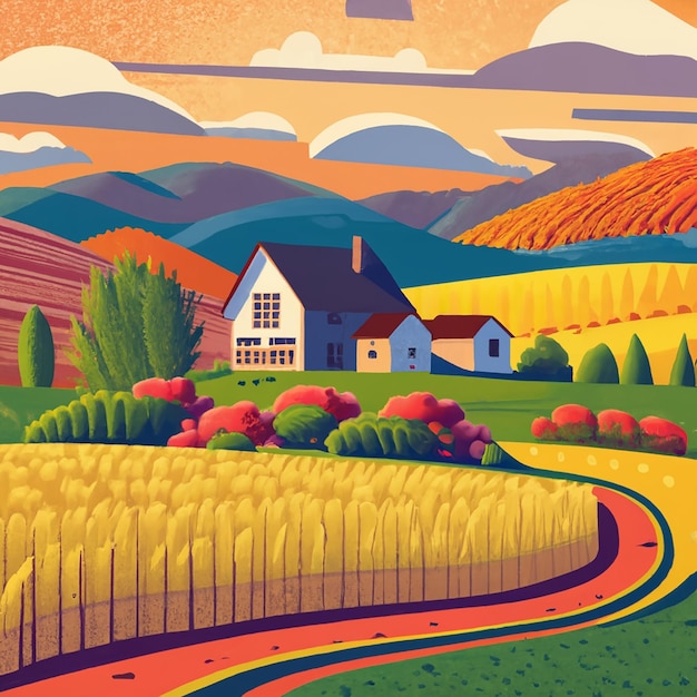 color illustration of a cute farmhouse with wheat fields symbol of farming ecofriendly products