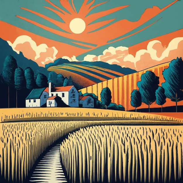 Photo color illustration of a cute farmhouse with wheat fields symbol of farming ecofriendly products