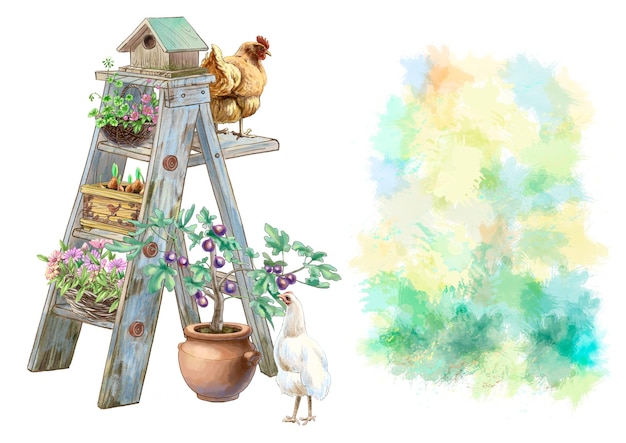 Color illustration Farm with chickens