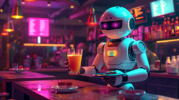 Color illustration Innovative service the robot waiter delivering drinks