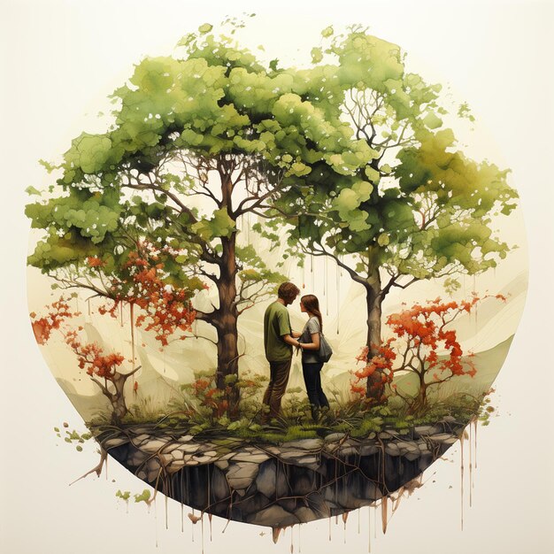 Color illustration of tree planting by a couple