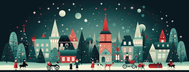 Color illustration of a village at Christmas Xmas seamless backdrop Generative AI