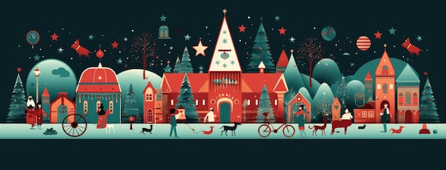 Color illustration of a village at Christmas Xmas seamless backdrop Generative AI