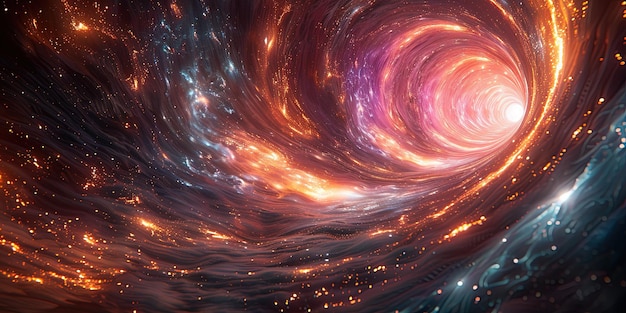 Color image of a warp tunnel in deep space Matter particles spin in the vortex of gravity Hyperspace