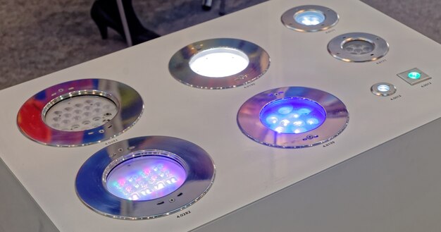 Color of led recessed spotlights. Spotlights to embed in the wall or in the floor. Many models on one stand.