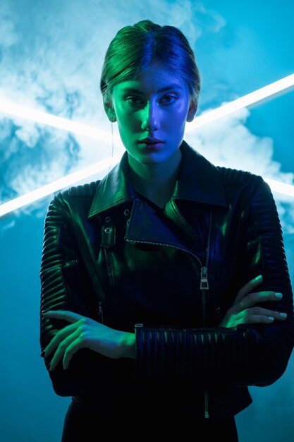 Color light people cyberpunk portrait neon woman