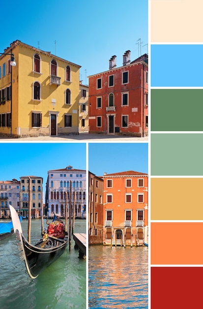 이탈리아 베니스의 전통 건축 이미지에서 색상 일치 팔레트 대운하 물에 있는 역사적인 주택