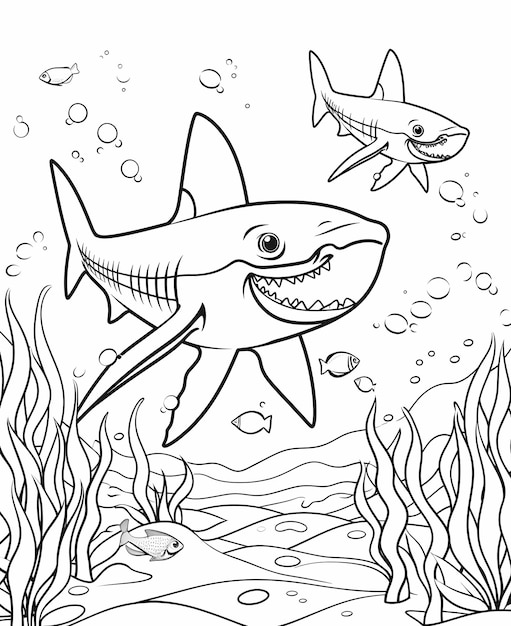 Color Me Sharks Kids Coloring Page with Adorable Cartoon Sharks in Simple Line Art