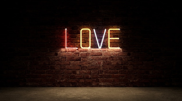 Color Neon light of Love Sign Board Symbol on brick wall