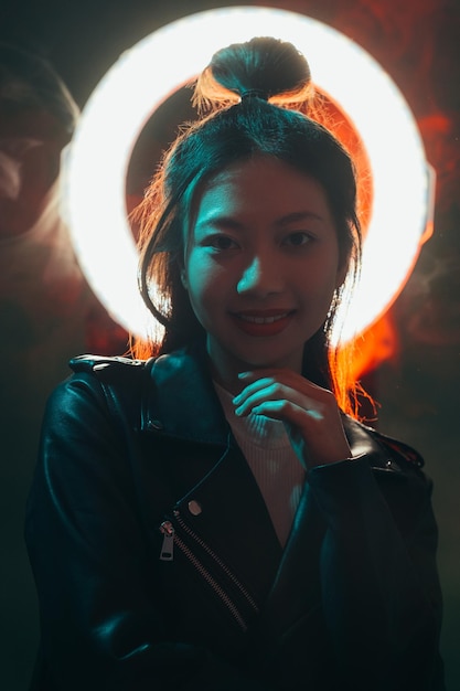 Color night portrait cyberpunk people asian girl