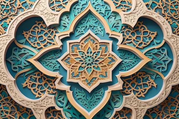 Color ornamental patterned stone relief in arabic architectural style of islamic mosque