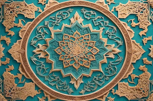 Foto rilievo in pietra a motivi ornamentali a colori in stile architettonico arabo di una moschea islamica