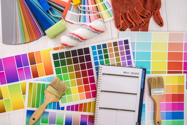 color palettes with brush and roller close up