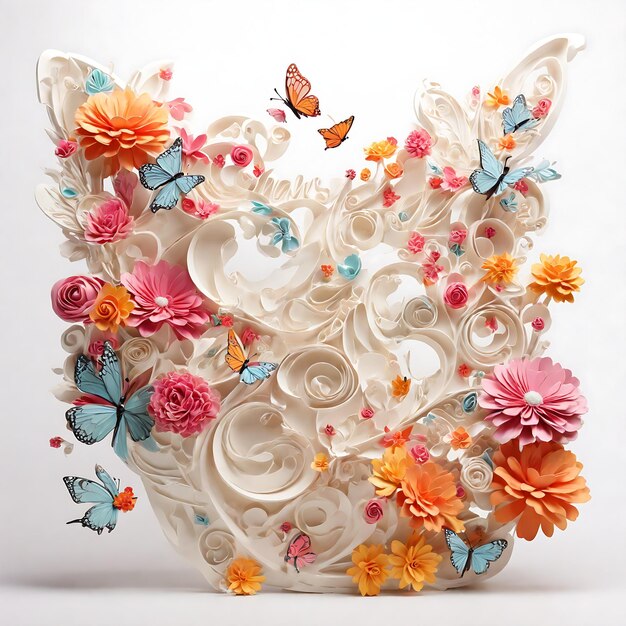 Color paper craft flowers with butterflies