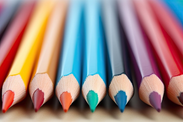 Color pencils isolated on a white background Closeup Colored pencils in a row closeup macro AI Generated