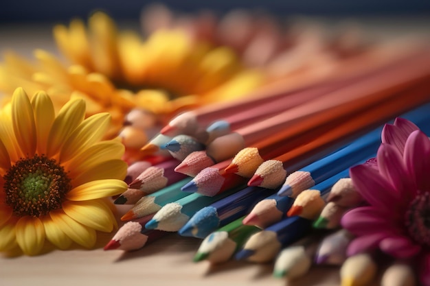 Color pencils with flowers Colors of spring flowers AI generated