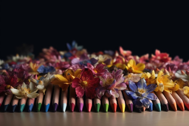 Color pencils with flowers Colors of spring flowers AI generated