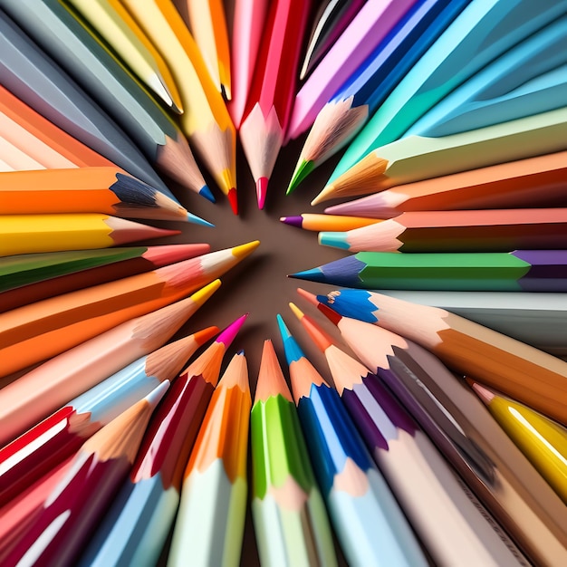 Color pencils with rainbow drawing isolated on white background Top view