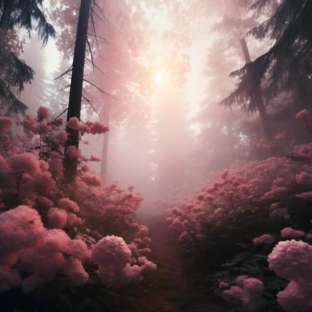 Photo color photo of a mystical forest shrouded in soft pink clo