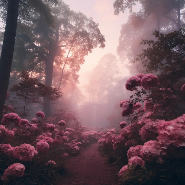 Foto foto a colori di una foresta mistica avvolta in un morbido mantello rosa