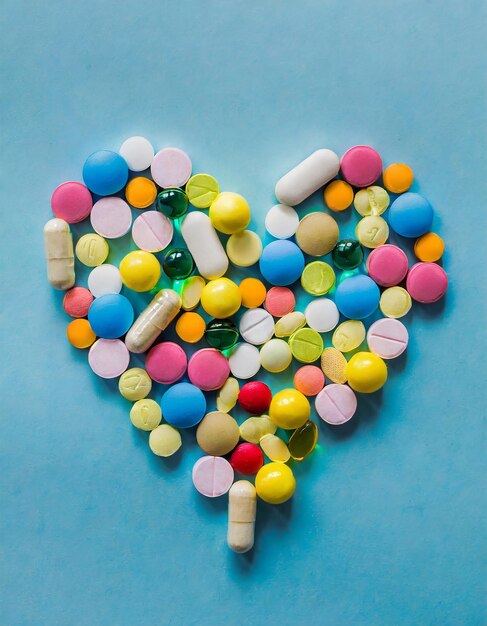 Photo color pills in the shape of a heart on a blue background medicine concept for valentines day