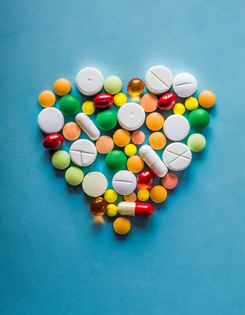 Photo color pills in the shape of a heart on a blue background medicine concept for valentines day