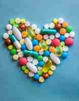 Photo color pills in the shape of a heart on a blue background medicine concept for valentines day