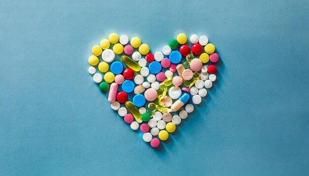 Photo color pills in the shape of a heart on a blue background medicine concept for valentines day