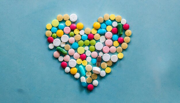 Photo color pills in the shape of a heart on a blue background medicine concept for valentines day