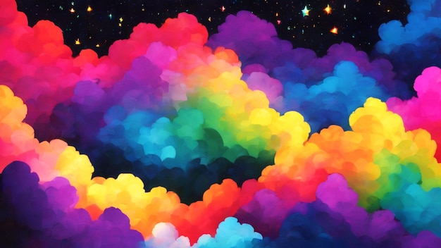 Color rainbow clouds on black smoky with sparkling stars background