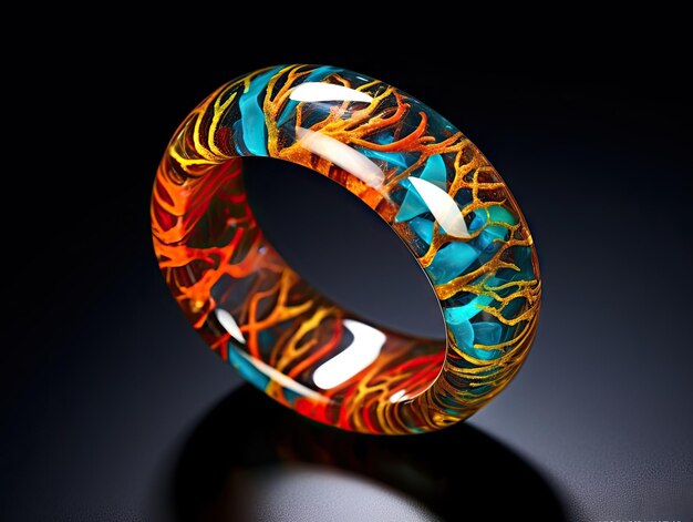 Color Ring with Transparent Crystal and Red Patterns Made of Resin Handmade Bijouterie on Black Background Generative AI Illustration