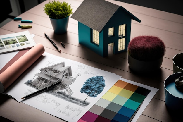 A color scheme a house architectural plan and the workstation of an interior design