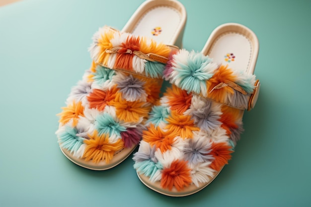 Photo color slipper on carpet floor in house background