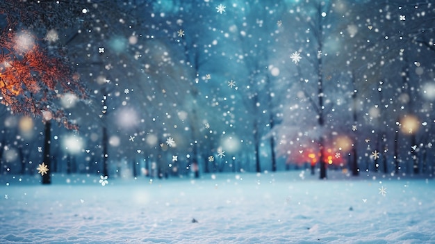 冬の公園の背景に色の雪の結晶公園の降雪明るい冬の夕日クリスマスのテーマ