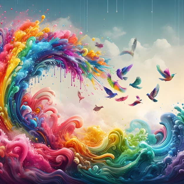 color splash and birds with liquied style smooth waves