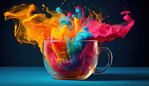 Photo color splash mugwater cup with powder in the style of surreal compositions