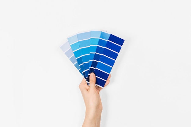 Color swatches with color of the year 2020 in the hand - Classic Blue. Color trend palette.