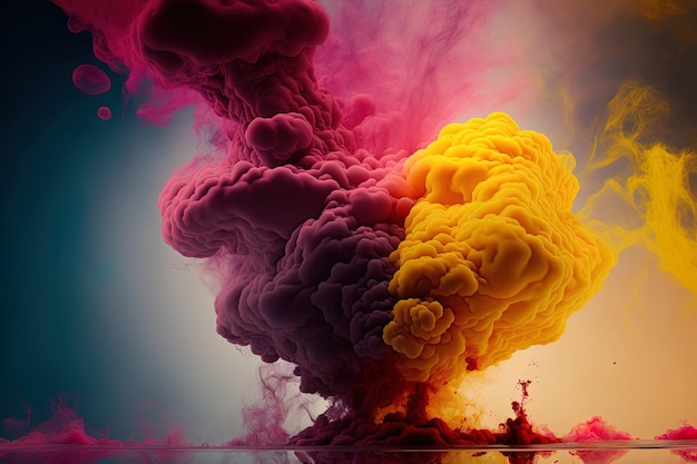 Color vapor cloud made of yellow red and ink with water